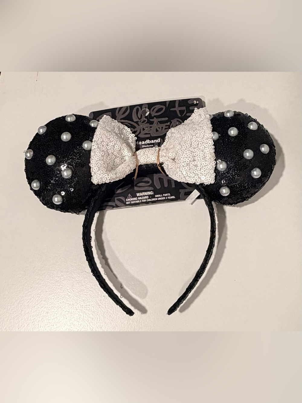 Disney Black Sequin Pearl Minnie-Style Headband with White Sequin Bow